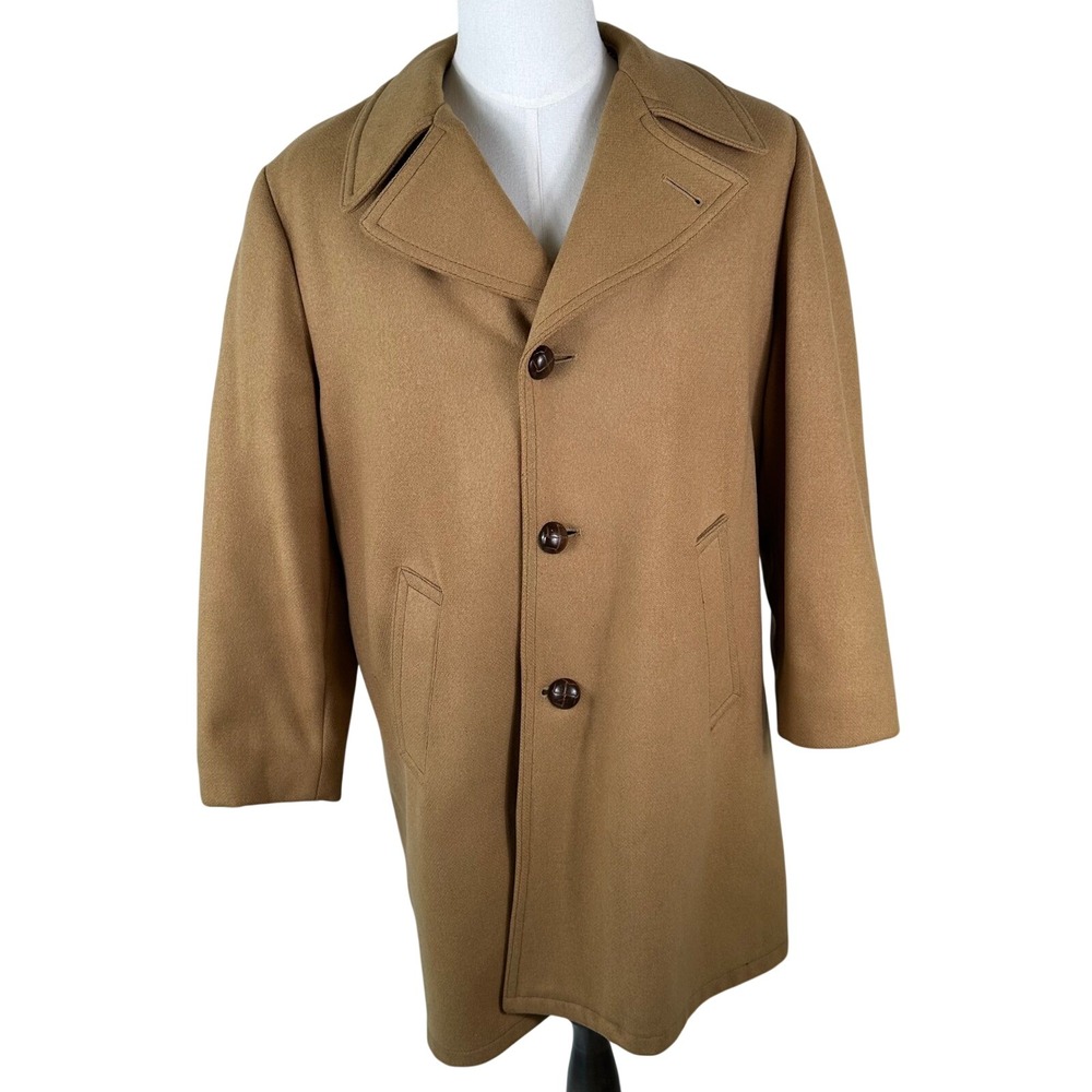 Vtg Great Western Gleneagles Overcoat Men L Camel Faux Fur Lined‎ 3 Button 70s